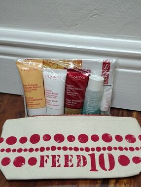 New Clarins Mini Skincare Kit with Canvas Pouch Cosmetic Bag Makeup Bag FEED 10